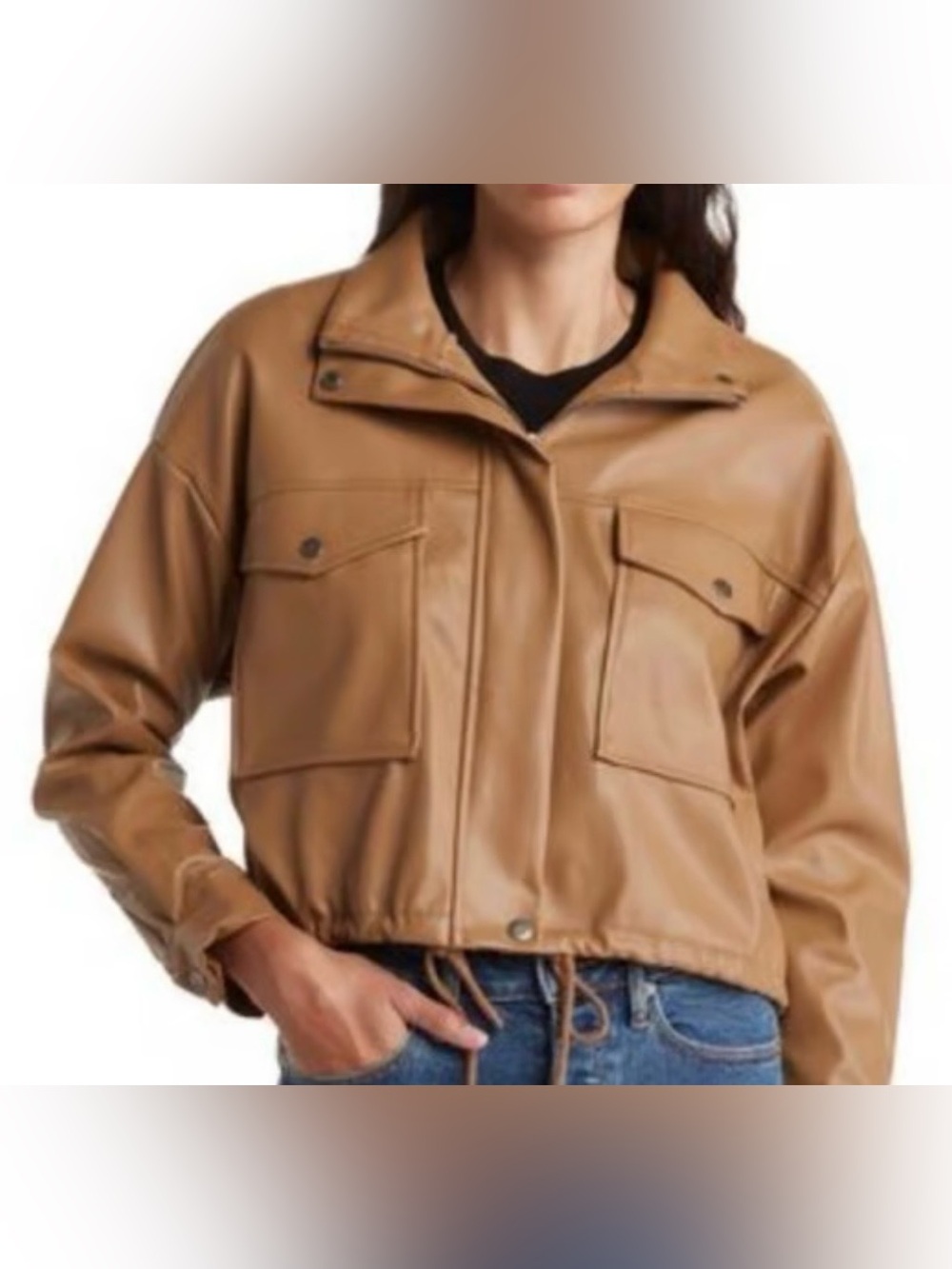 Tahari Tan Faux Leather Cropped Jacket